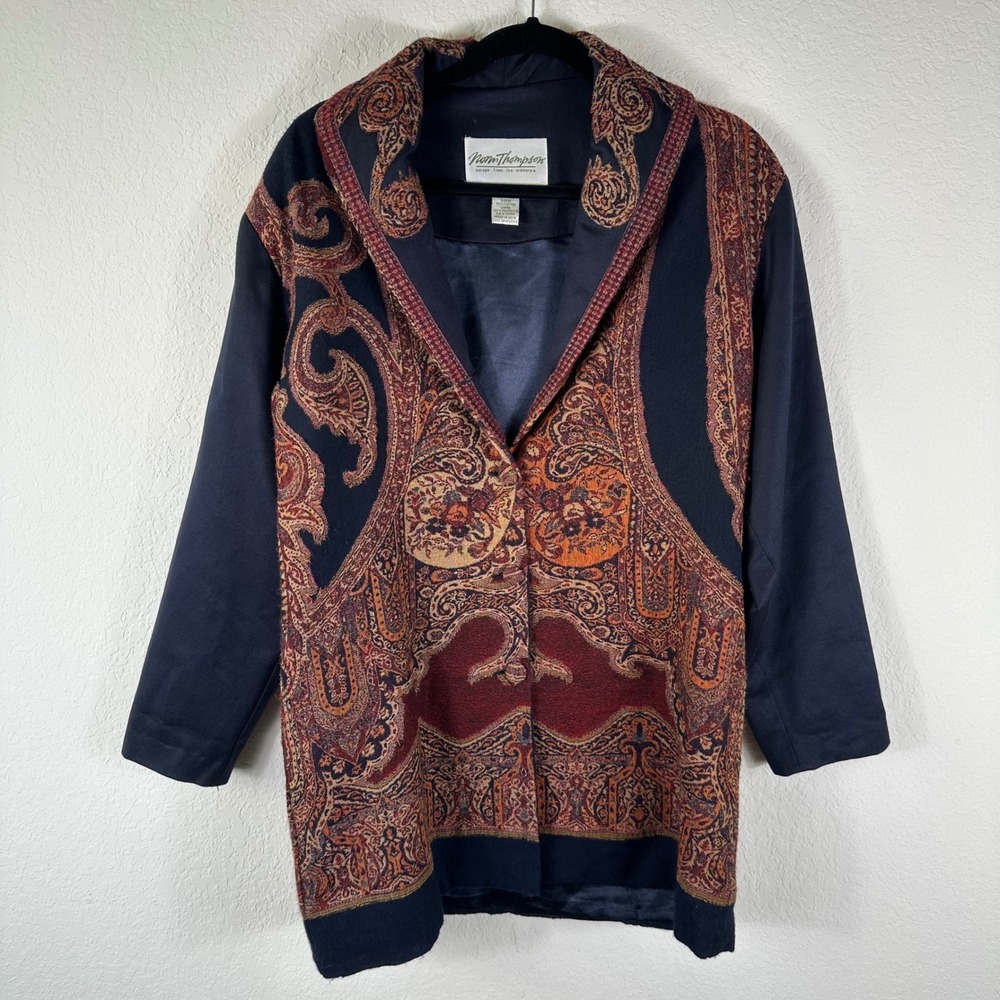 VTG Norm Thompson Jacket Women S Navy Paisley Wool Blend Coat Artsy Tapestry